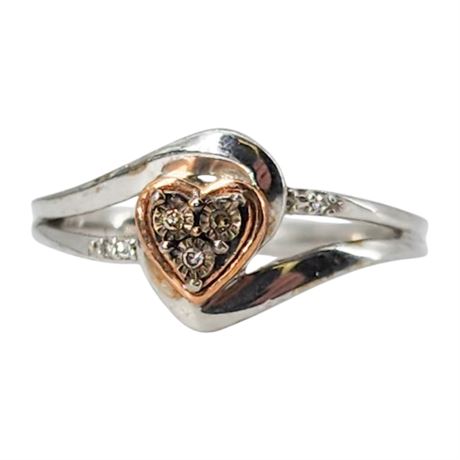 Vintage Sterling Silver Genuine Diamonds Heart Ring, Sz 7