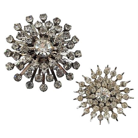 Two Vintage Prong Set Rhinestone Burst Brooches