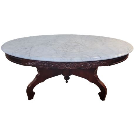 Vintage White Italian Marble Oval Coffee Table with Mahogany Hand Carved Base