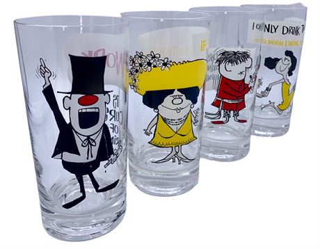 4 Mid Century Adult Cartoon Cocktail Bar Highball Glasses