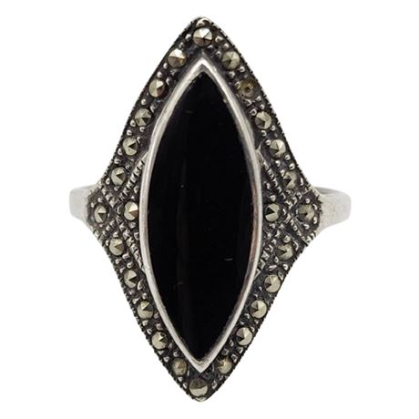 Signed SUNSTONE Sterling Silver Marcasite & Black Onyx Ring, Sz 8