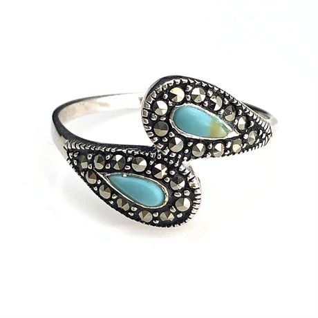 Vintage Signed MO Sterling Silver Marcasite Faux Turquoise Ring