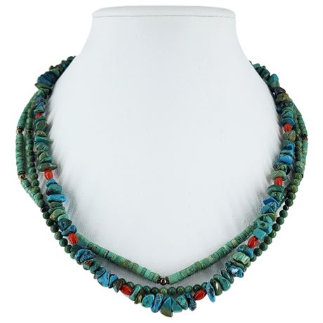Signed SE Triple Strand Native American Style Turquoise Beaded Necklace