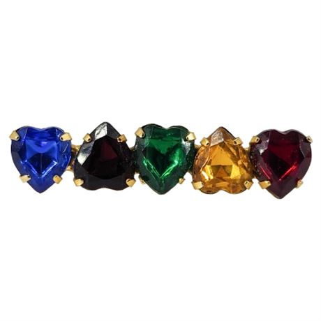 Vintage Multicolored Rhinestone Hearts Bar Brooch