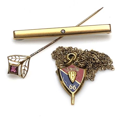 Vintage Filigree Stickpin, Bar Brooch & 1966 Senior Pendant on Gold Filled Chain