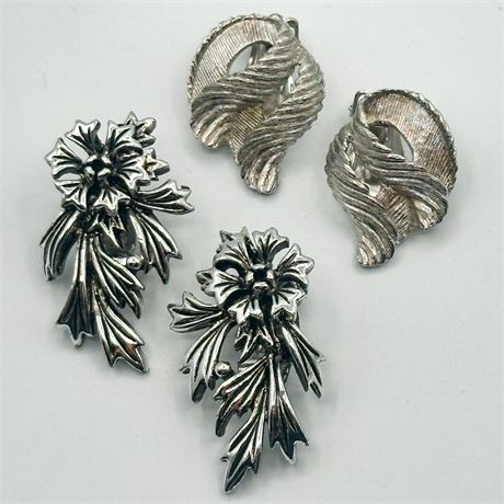 Two Pairs of Vintage Silver-Tone Clip-On Earrings