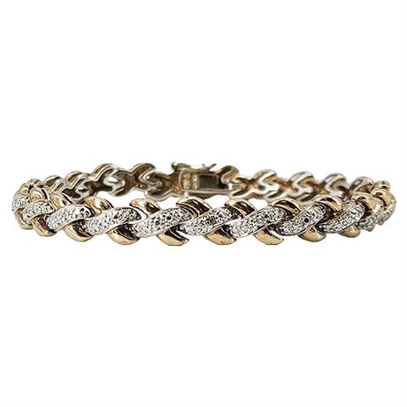 Vintage ROSS SIMONS Gold Over Sterling Silver Diamond Accent Woven Xs Bracelet
