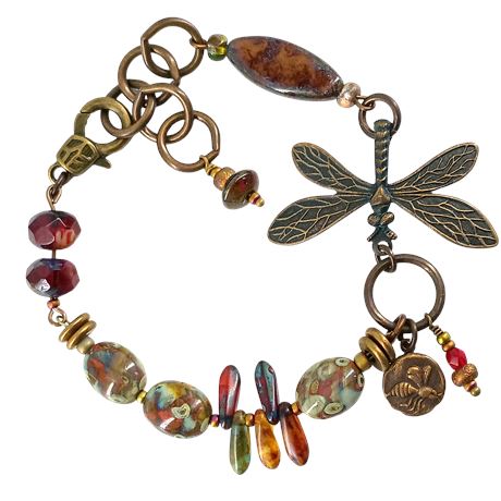 Artisan Mixed-Media Dragonfly Charm Bracelet – Earthy Boho Style