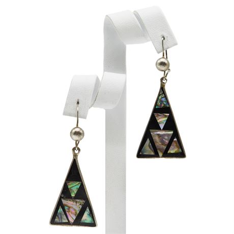 Vintage Alpaca Silver Abalone Inlay Triangle Earrings