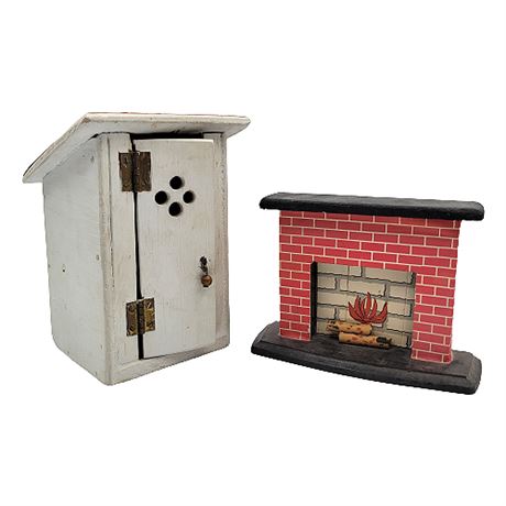 Vintage Handmade Dollhouse Fireplace & Out House