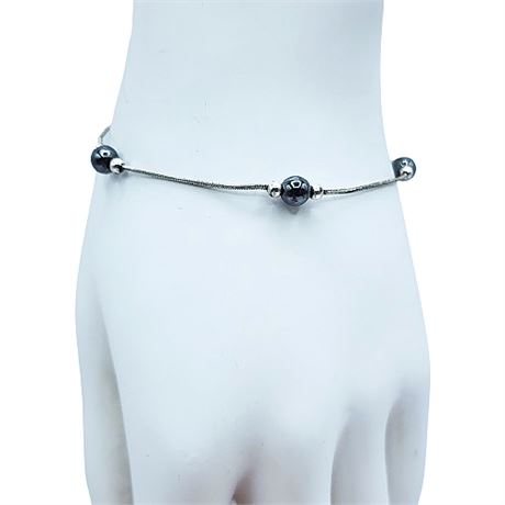 Signed Sterling Silver Bracelet w/ Hematite Beads