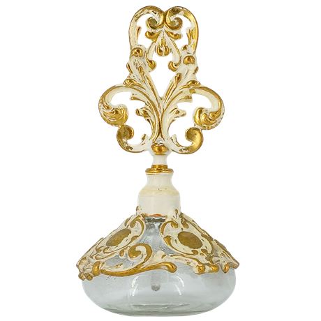 Vintage German Perfume Bottle w/ Ormolu Filigree Stopper, Gold-Tone Gilt Overlay