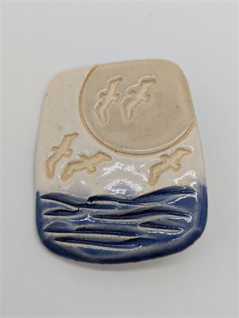 Large Vintage Art Pottery Brooch Pin Hand Painted Nautical Ocean Sea Birds
