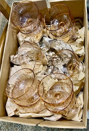 Pink depression swirl glass box lot