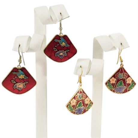 Two Pairs Vintage Cloisonné Fan Earrings