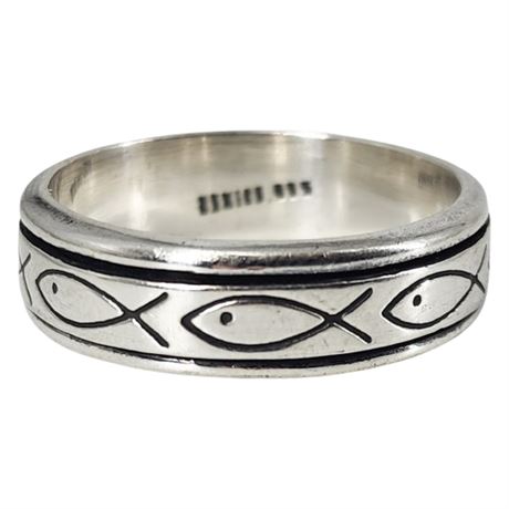 Vintage Sterling Silver Christian Ichthus Fish Spinner Ring, Sz 15