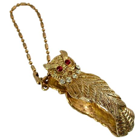Vintage Gold Tone & Rhinestone OWL Glove/Scarf Clip with Chain
