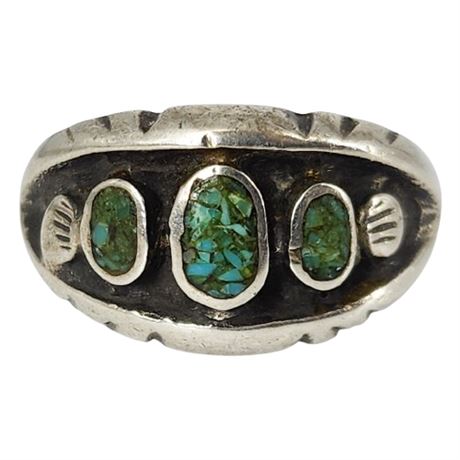 Vintage Sterling Silver Native American Turquoise Chip Ring, Sz 9.5