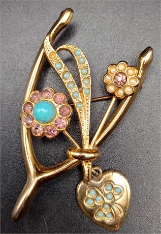 Coro Sterling vermeil jeweled wishbone flower heart brooch 10 G