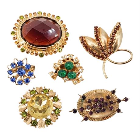 Six Vintage Gold Tone Rhinestone Brooches