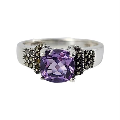 Signed Sterling Silver Amethyst/Marcasite Ring
