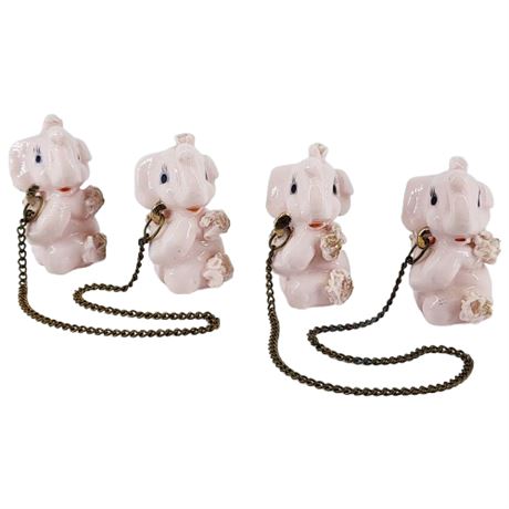 2 Pairs Vintage Pink Porcelain Spaghetti Elephants w/ Chains