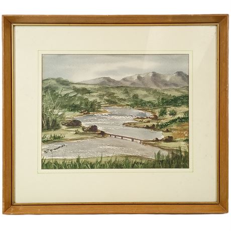 B Mesanos - Serene Riverside Landscape with Mountains and Bridge
