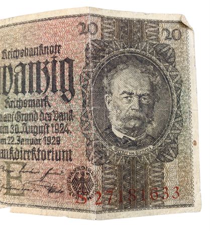 1929 $20 Reichsmark German Paper Money Bill