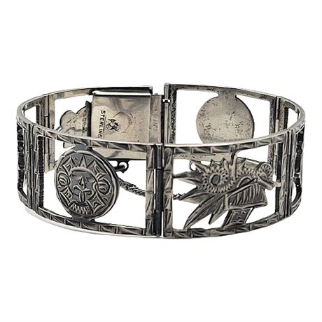 Vintage Sterling Silver Mayan/Aztec Hinged Link Bracelet