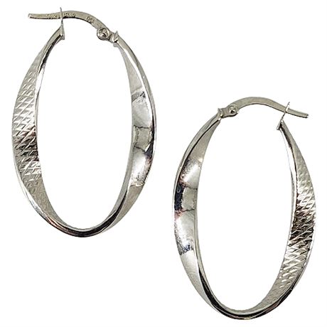 Vintage Signed DCI 14K White Gold Oval Twist Hoop Earrings
