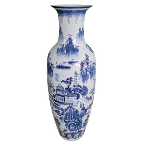 Vintage Chinese Blue & White Hand-Painted Monastery Floor Vase