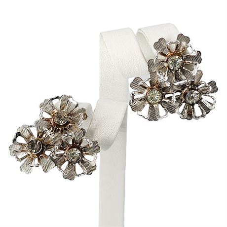 Signed Coro Rhinestone Flower Cluster Screwback Earrings