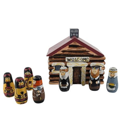 Folk Art, Painted Wood, Thanksgiving Scene