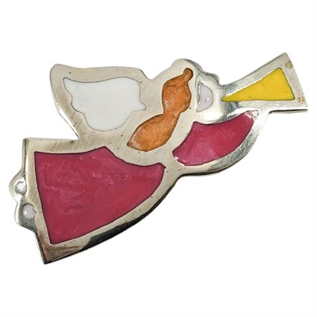 Vintage Alpaca Silver Enamel Inlay Angel Brooch