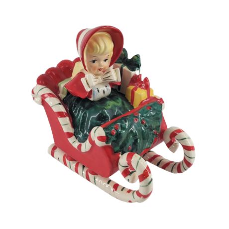 1956 Lefton Christmas Shopper Girl Candy Cane Santa Sleigh