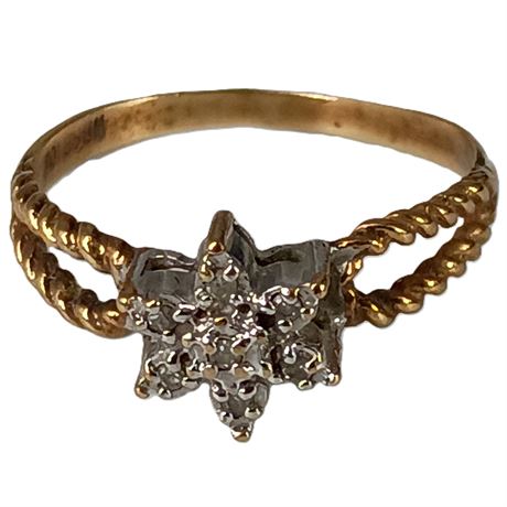 10K Gold Ring, Dainty Rope Design with Diamond Chip Flower
