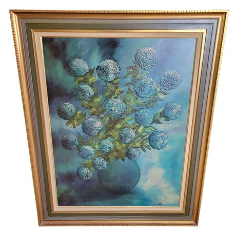 1960s Artist Willyne Blue Flowers Framed Print