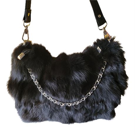 Black Fur Chain Detail Crossbody Bag