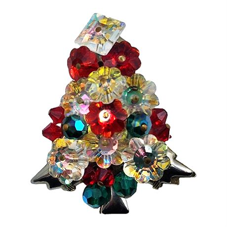 Unsigned Iridescent Margarita Bead Christmas Tree Brooch