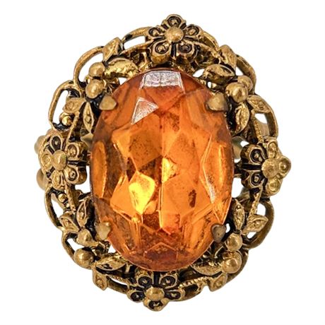Vintage Czechoslovakia Orange Rhinestone Adjustable Ring