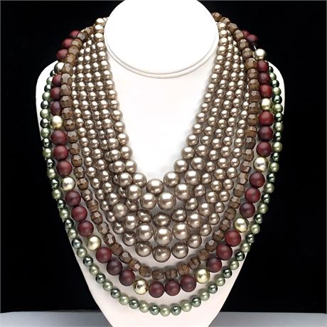 Vintage Bead Necklace Lot-5-Strand, Marbled Faceted Barrel Glass Beaded + More