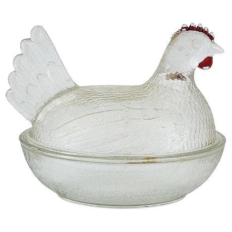 Vintage INDIANA Glass Clear Hen on Nest w/ Red Accents
