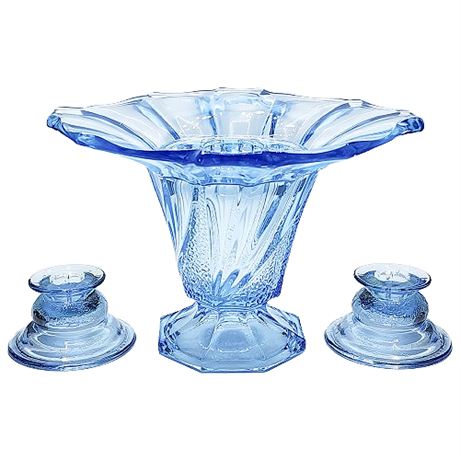 Art Deco Blue Glass Twist Vase w/ Flower Frog + Indiana Glass Candlesticks