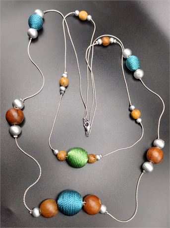 Silvertone wood and thread bead two strand necklace 25 in