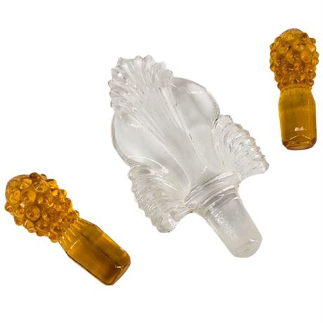 Vintage 3pc Clear and Amber Glass Stopper Lot