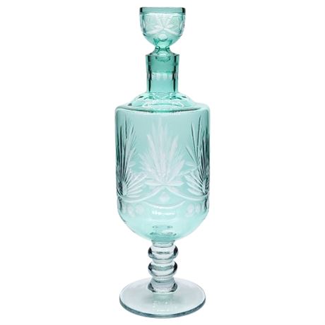 Vintage Romanian Aqua Cut-to-Clear Footed Glass Decanter w/ Stopper