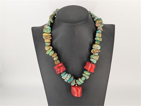 Heavy Turquoise & Red Coral Necklace