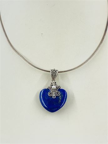 Vtg Sterling Heart Necklace w/ Deep Blue Stone