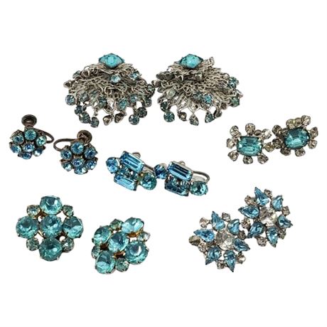Six Pairs Vintage Silver Tone Aqua Rhinestone Clip Earrings