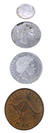 1943 Australian Large Penny & 3 Modern Coins